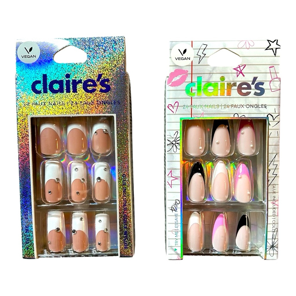 2 Packs Press On Nails Claire’s Vegan Faux Nail Set bundle - 24 Pack (48 nails)